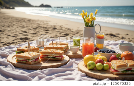 Picnic on the Beach with Freshly Made Sandwiches and Fruit Juices A fun beach picnic with freshly made sandwiches, colorful fruit juices, 125070326