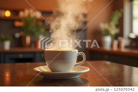 hot coffee in a white cup on wood background 125070342