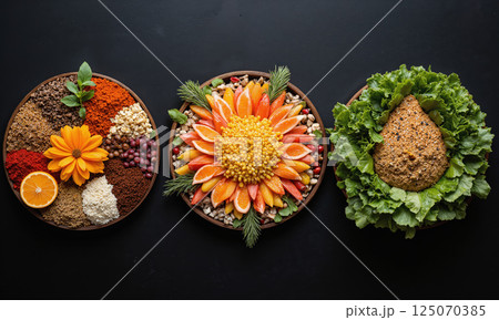 A series of three intricately designed mandalas, each crafted from different kinds of carefully arranged fruits, vegetables, spices, and herbs. 125070385