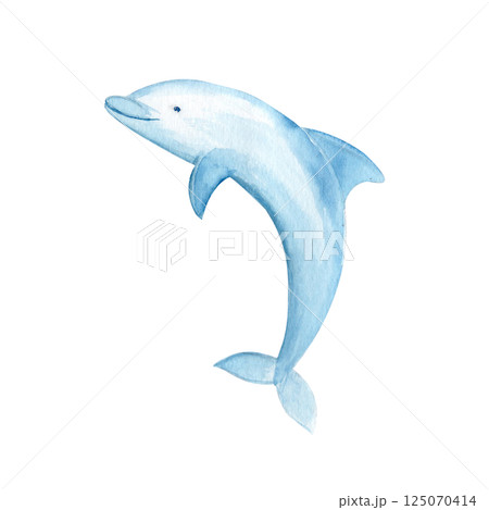 Jumping dolphin watercolor illustration isolated on white. Hand drawn blue monochromatic clip art perfect for notebooks, posters, wallpaper, tote bags, cards, eco, tickets, tourism, nursery room decor Jumping dolphin watercolor illustration isolated on white. Hand drawn blue monochromatic clip art perfect for notebooks, posters, wallpaper, tote bags, cards, eco, tickets, tourism, nursery room decor 125070414