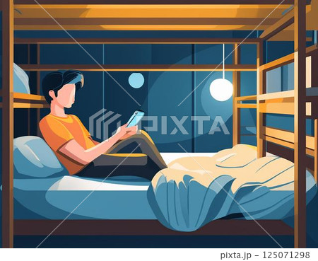 ゲストハウスのドミトリーでスマホを見ている人 125071298