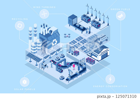 Green manufacturing 3d isometric concept for web design. People in isometry rooms work at eco factory with solar panels, wind turbines and green fuels, energy conservation zone. Vector illustration. Green manufacturing 3d isometric concept for web design. People in isometry rooms work at eco factory with solar panels, wind turbines and green fuels, energy conservation zone. Vector illustration. 125071310