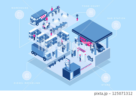 Gas station 3d isometric concept for web design. People in isometry rooms filling cars at diesel and fuel refueling zones, visiting store and food court, workers ar warehouse. Vector illustration. Gas station 3d isometric concept for web design. People in isometry rooms filling cars at diesel and fuel refueling zones, visiting store and food court, workers ar warehouse. Vector illustration. 125071312