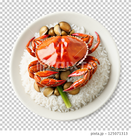 Poo Pad Pao - Stir-fried crab with garlic, chili, and vegetables, served with steamed rice. The juicy crab, coated 125071313