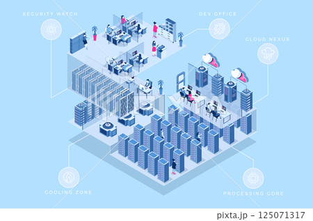 Data center 3d isometric concept for web design. People in isometry rooms working in development office, cloud nexus, computing at processing core, cooling zone, security watch. Vector illustration. Data center 3d isometric concept for web design. People in isometry rooms working in development office, cloud nexus, computing at processing core, cooling zone, security watch. Vector illustration. 125071317