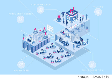 Cryptocurrency mining 3d isometric concept for web design. People in isometry rooms working in mining farm, automation center, monitoring hub, coin production, crypto training. Vector illustration. 125071319