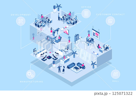 Creative agency 3d isometric concept for web design. People in isometry rooms working in office, development department, customer contact area, manufacturing, communicate at hall. Vector illustration. 125071322