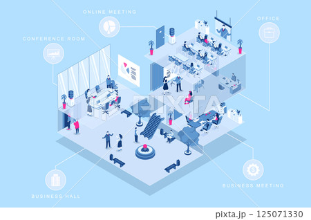 Business meeting 3d isometric concept for web design. People in isometry rooms working in office and conference zone, brainstorming by online video call, communicating in hall. Vector illustration. 125071330