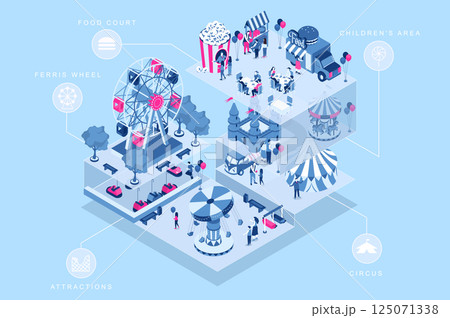 Amusement park 3d isometric concept for web design. People in isometry rooms riding at ferris wheel and attractions, eat at food court, visits circus, kids play in children area. Vector illustration. Amusement park 3d isometric concept for web design. People in isometry rooms riding at ferris wheel and attractions, eat at food court, visits circus, kids play in children area. Vector illustration. 125071338