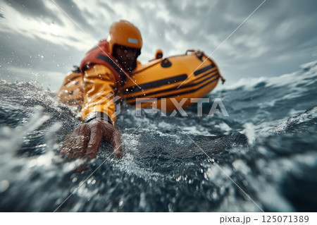 Man in survival gear in stormy sea 125071389