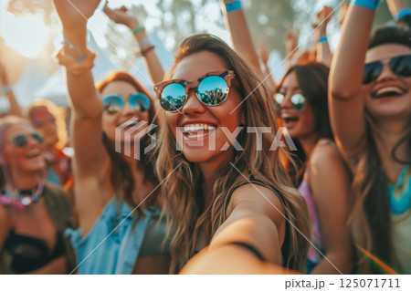 Young women having fun at a music festival, dancing and taking selfies in stylish outfits, surrounded by a crowd. Capturing the carefree and positive vibes of summer 125071711