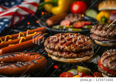 Juicy grilled burgers and sausages are sizzling on a hot barbecue grill, surrounded by fresh vegetables and an american flag 125071888