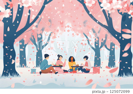 Four friends are having a picnic in a park, enjoying each other's company under a canopy of cherry blossoms in full bloom 125072099