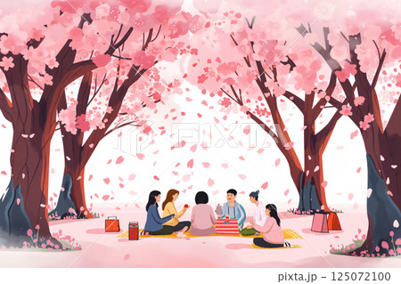 Group of friends are sitting on a blanket, having a picnic under blooming cherry blossom trees 125072100