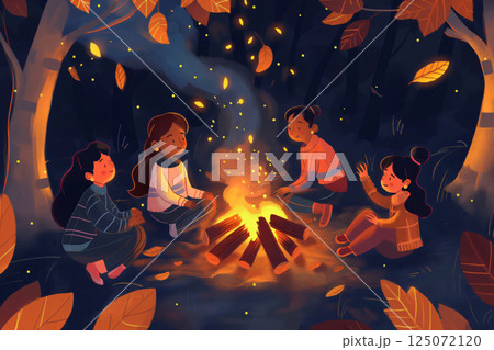 Four friends enjoying a warm campfire together in the forest at night, surrounded by colorful autumn leaves 125072120
