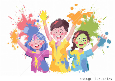 Three cheerful children covered with colorful gulal powder are raising their hands, celebrating the joyful festival of holi 125072125