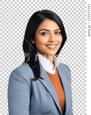 Portrait of a friendly South Asian woman with shoulder-length black hair, dressed in a formal gray jacket. Her approachable smile 125072341