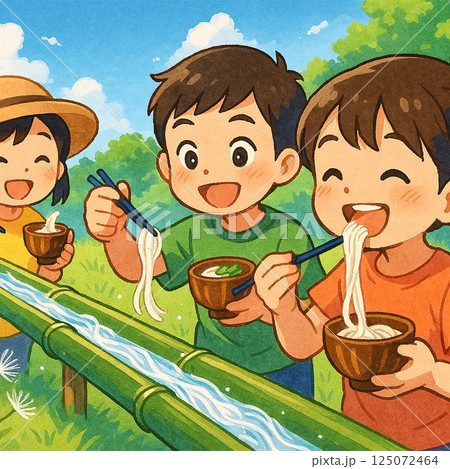 流しそうめんを楽しむ子どもたち 125072464