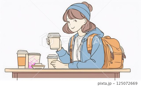 カフェでマイタンブラーにドリンクをいれてもらう女子バックパッカー 125072669