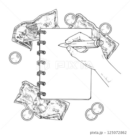 Vector illustration of budget distribution in line art style. Hand drawn sketch depicting financial planning, savings and money management. For personal finance, investment and accounting concepts 125072862