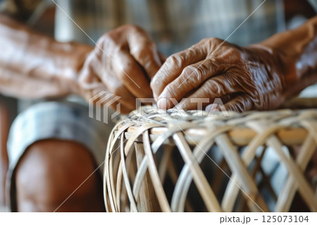 Craftsman is carefully weaving rattan strips to create a beautiful and intricate chair, showcasing traditional craftsmanship 125073104