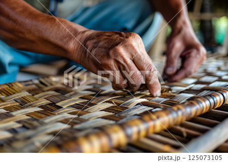Experienced craftsman meticulously weaves a rattan mat, showcasing the artistry and tradition of handcrafted furniture 125073105