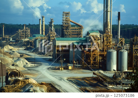 Sulfur mine processing plant releasing smoke into the atmosphere on a partly cloudy day 125073186
