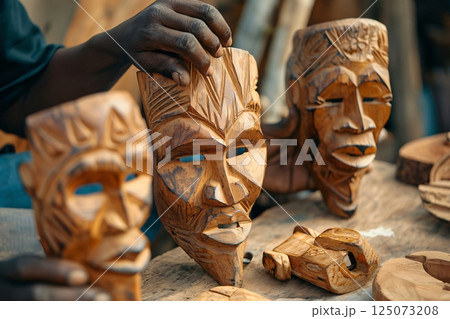 Artisan skillfully holding a wooden mask in his cozy workshop, showcasing his handcrafted artistry and creativity, reflecting rich cultural traditions and talents 125073208