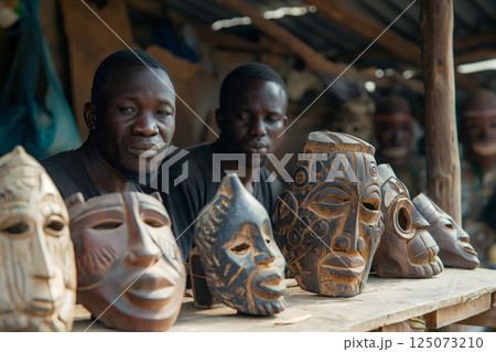 African craftspeople showing traditional handcrafted wooden masks at a local market stall 125073210