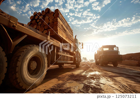 Logging trucks transporting timber on a dusty road with a beautiful sunset in the background 125073211