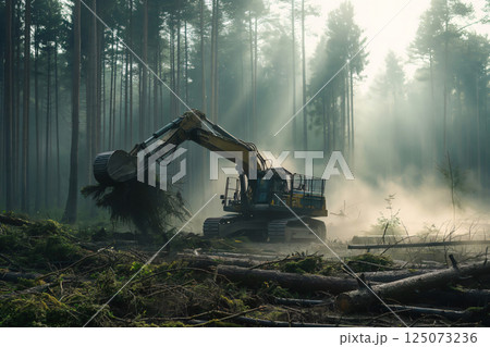 Forestry machine is harvesting trees in a misty forest, leaving behind a trail of cut lumber and debris 125073236