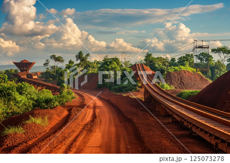 Conveyor belt transporting bauxite in an open pit mine in a lush green forest in guinea 125073278