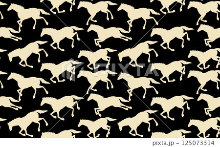 走る馬のシルエットシームレスパターン、黒にアイボリーのシックな背景素材 走る馬のシルエットシームレスパターン、黒にアイボリーのシックな背景素材 125073314
