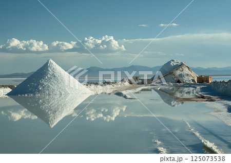 Industrial equipment extracting lithium from the salar de uyuni salt flats reflecting on calm water under a partly cloudy sky 125073538