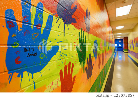 Brightly colored handprints of children decorating a school hallway as a janitor prepares for the start of a new year 125073857