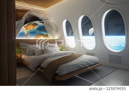 Modern, luxurious hotel room in space featuring large windows with breathtaking views of earth from orbit 125074035
