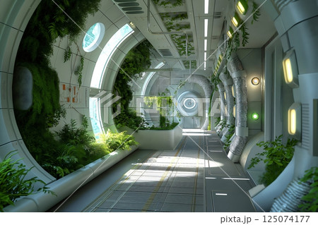 Bright futuristic space station corridor with greenery growing along the sides and windows looking out into space 125074177