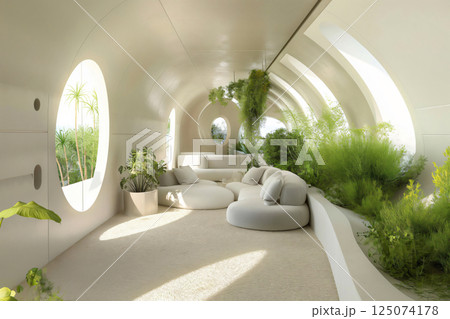 Bright and airy interior design featuring a living space with abundant greenery and organic shapes, creating a sense of harmony and tranquility 125074178