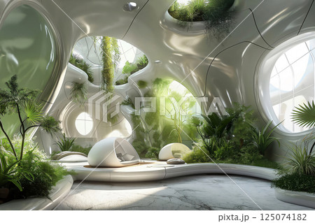 Futuristic interior design with lush greenery growing on the walls, creating a serene and eco friendly living space 125074182