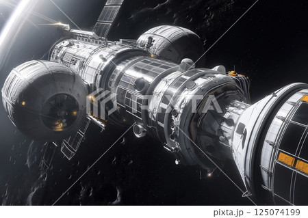 Futuristic space station with solar panels extracting minerals from asteroids in deep space 125074199