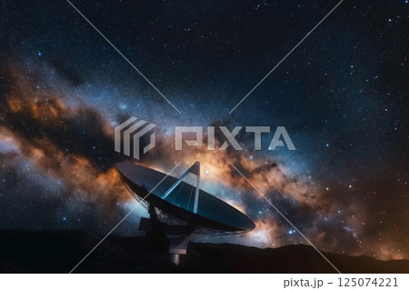 Large radio telescope is capturing the beauty of the milky way galaxy, showcasing the vastness and wonder of space 125074221