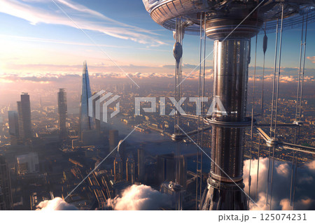 Futuristic space elevator is transporting passengers and cargo high above the clouds, offering breathtaking views of the London skyline bathed in the warm glow of sunset 125074231