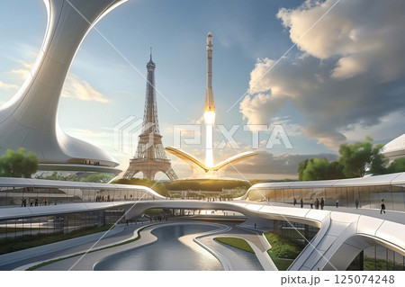 Futuristic spaceport with crowds of people watching a modern rocket launching near the Eiffel tower in Paris, France Futuristic spaceport with crowds of people watching a modern rocket launching near the Eiffel tower in Paris, France 125074248
