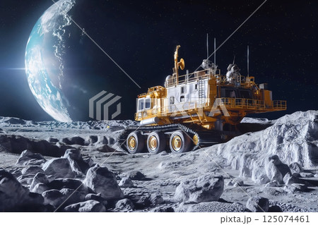 Large, yellow, futuristic mining vehicle is operating on the surface of the moon with the earth in the background 125074461