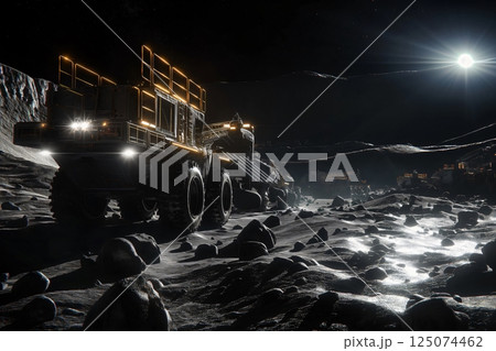 Large mining vehicle driving on the moon surface towards a futuristic mining outpost 125074462