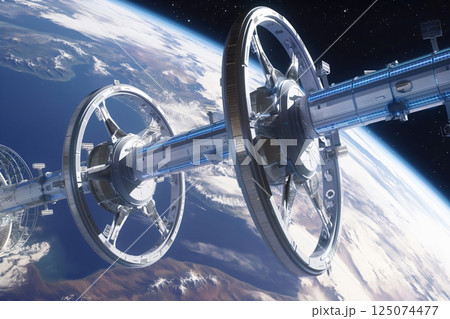Modular space station is orbiting earth, its rotating habitation rings designed to simulate gravity for its inhabitants Modular space station is orbiting earth, its rotating habitation rings designed to simulate gravity for its inhabitants 125074477