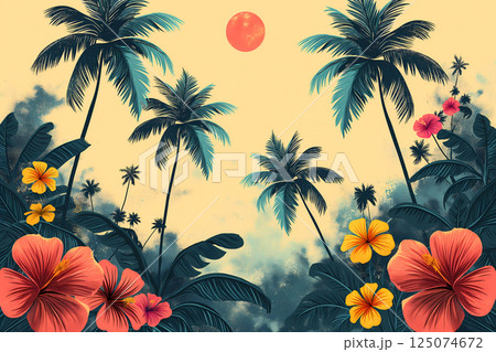 アロハ気分の手描きトロピカルパターンセット（ヤシの木と花） 125074672