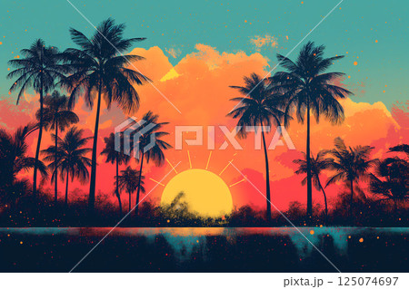 アロハ気分の手描きトロピカルパターンセット(ヤシの木と花) アロハ気分の手描きトロピカルパターンセット(ヤシの木と花) 125074697