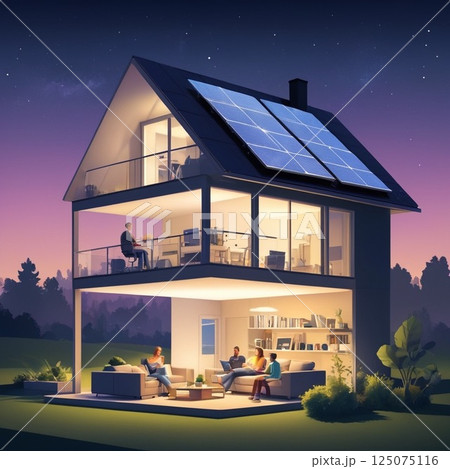 太陽光パネルを設置した家の風景 125075116