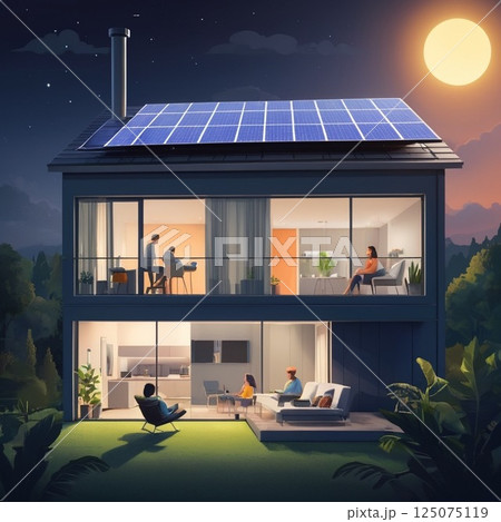太陽光パネルを設置した家の風景 125075119